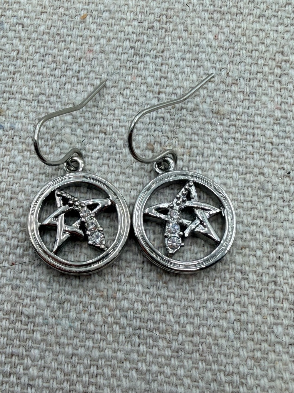 Silver Star Circle Drop Earrings with Crystal Accents - Women Jewelry
